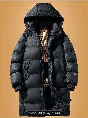 Men's Black Long Padded Jacket with Hood Fully Zip & Snap Winter Jacket Size XL